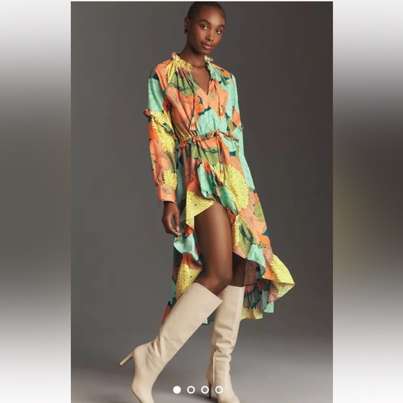 Anthropologie Farm Rio Long Sleeve Floral Midi Dress Hi Lo Green Motif - Picture 1 of 6